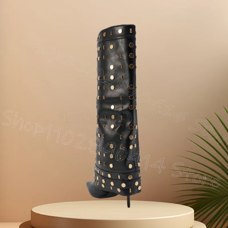 Botas con remaches dorados y hebilla negra, Zapatos sin cordones Para Mujer, tacones finos, punta estrecha, fiesta, 2025