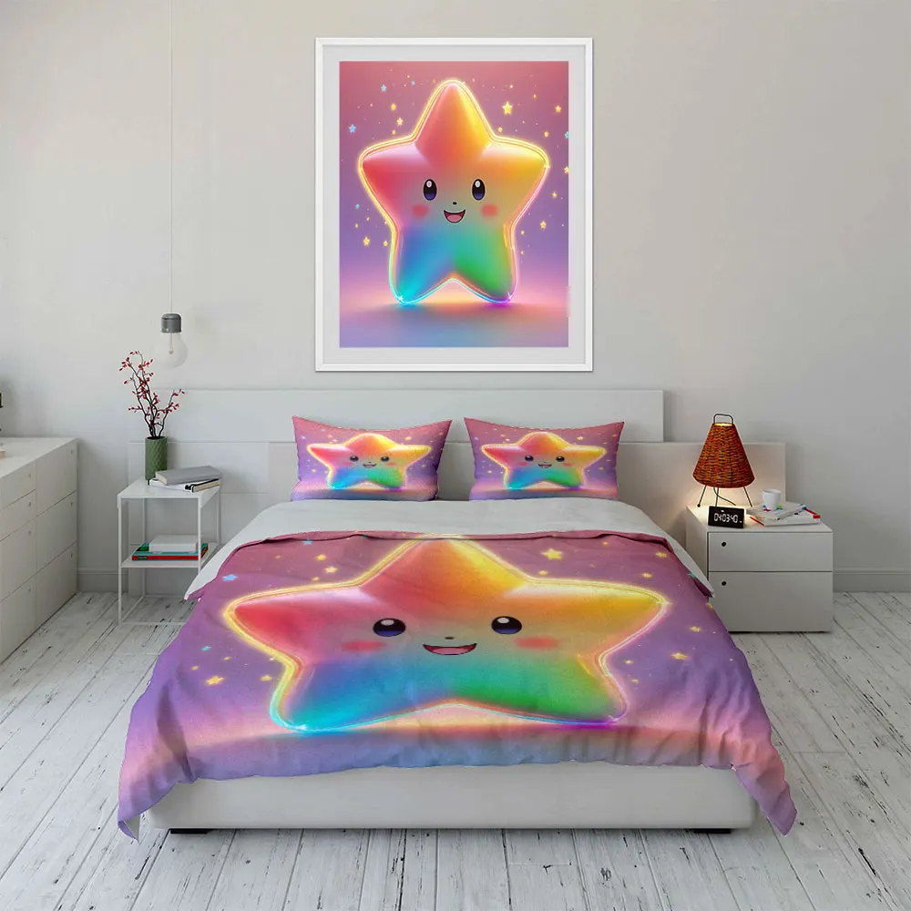 Rainbow smiling star dreamy background Duvet Cover Set Digital Print Colorful Polyester Bedding with Zipper Closur for kids gift