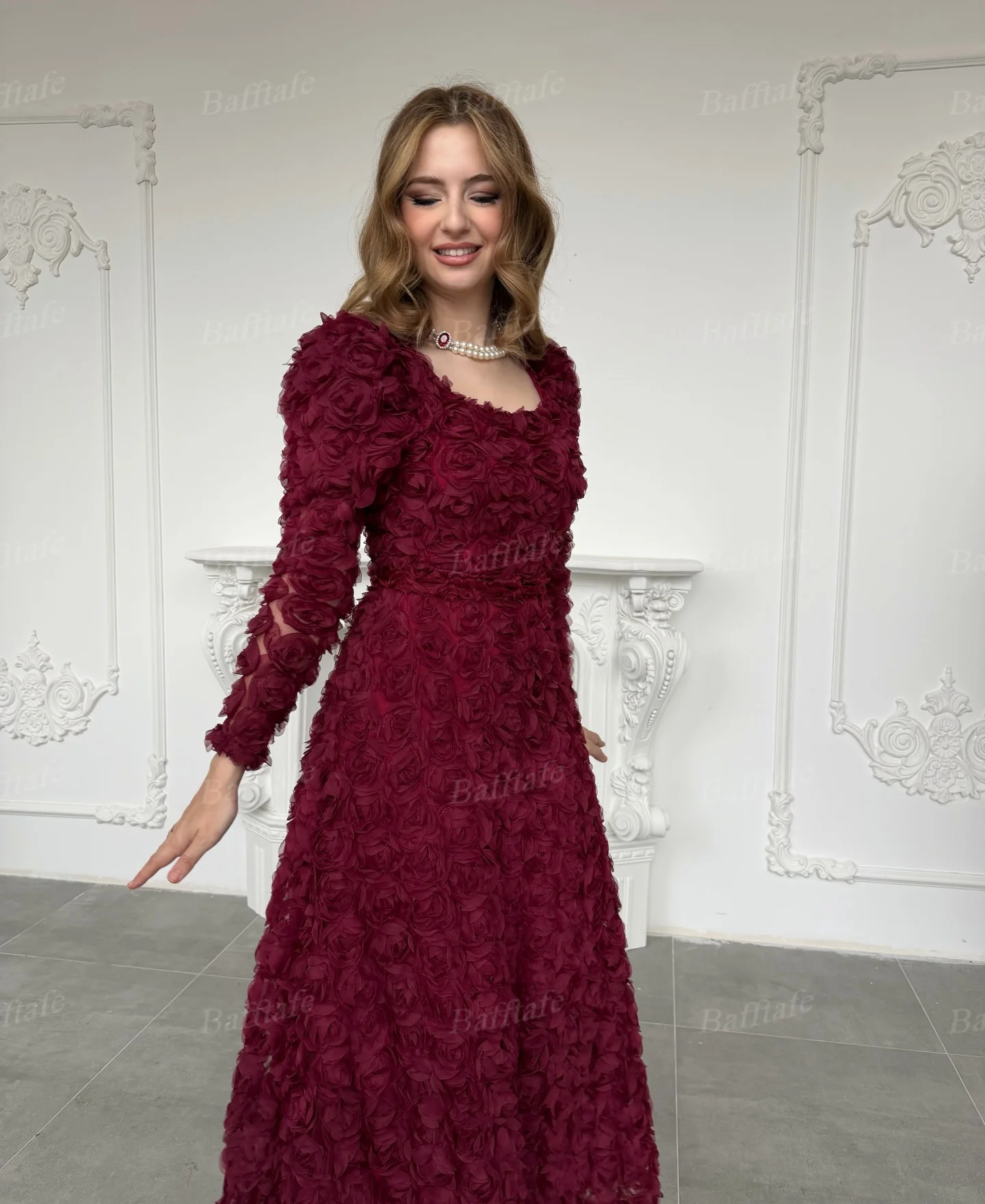 Bafftafe-vestidos de graduación de lujo con flores en 3D, personalizados, línea A, manga larga, vestido de noche para mujer, vestidos de compromiso de boda por debajo de la rodilla