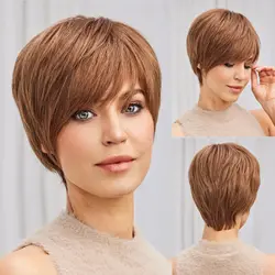 Golden Brown Short Bob Human Hair Wigs Pixie Cut Straight Layered Wigs with Bangs for Women Natural Human Hair Machine Made Wig