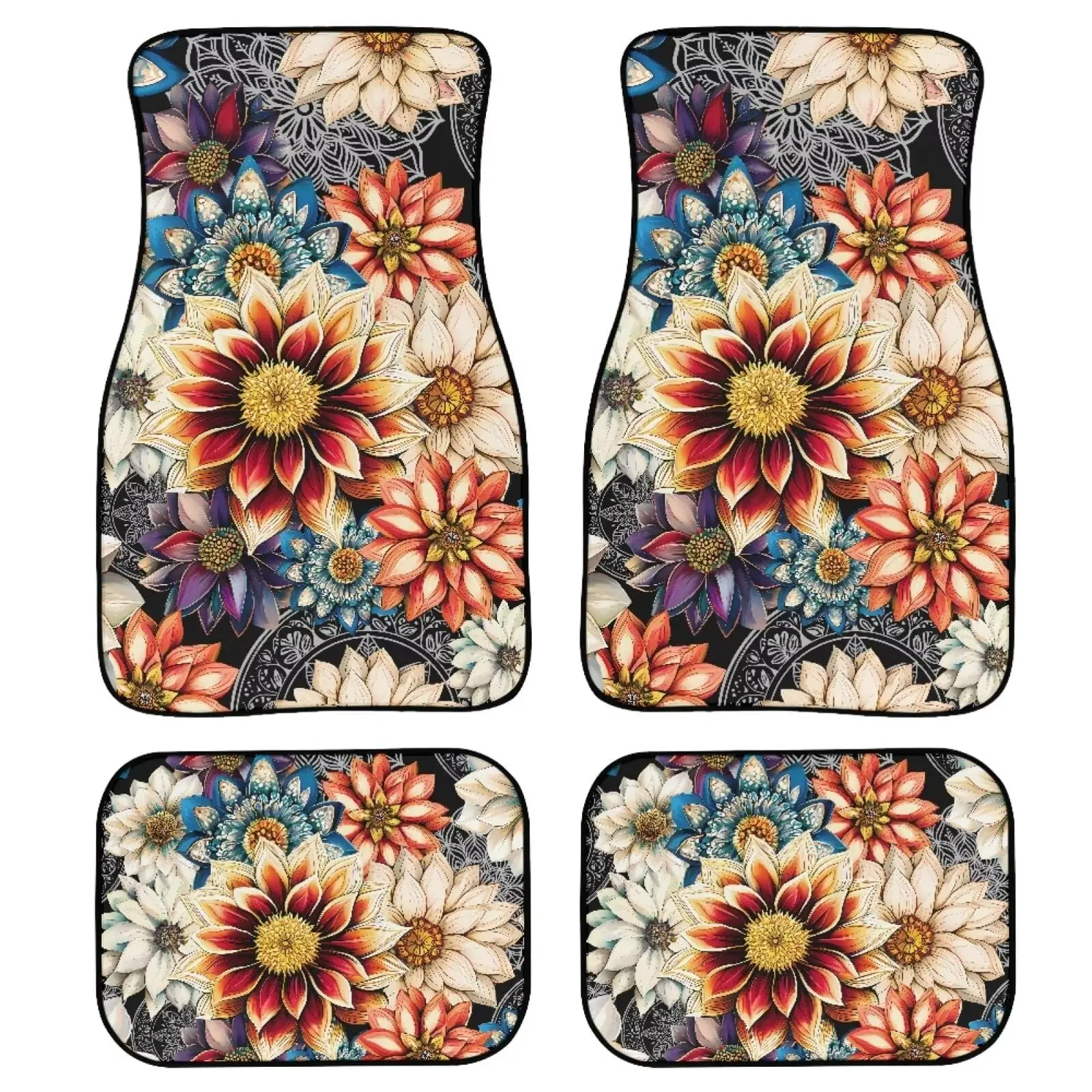 

Dahlia Floral Car Floor Mats 4pcs Universal Anti-Slip Dustproof Auto Front Rear Carpet For SUV Sedan Van