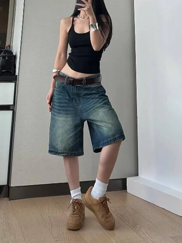 カジュアルルーズハイウエストブルーショーツ女性シックレトロ夏アメリカンデニム女性ショーツファッションストリートスリム女性ショーツ