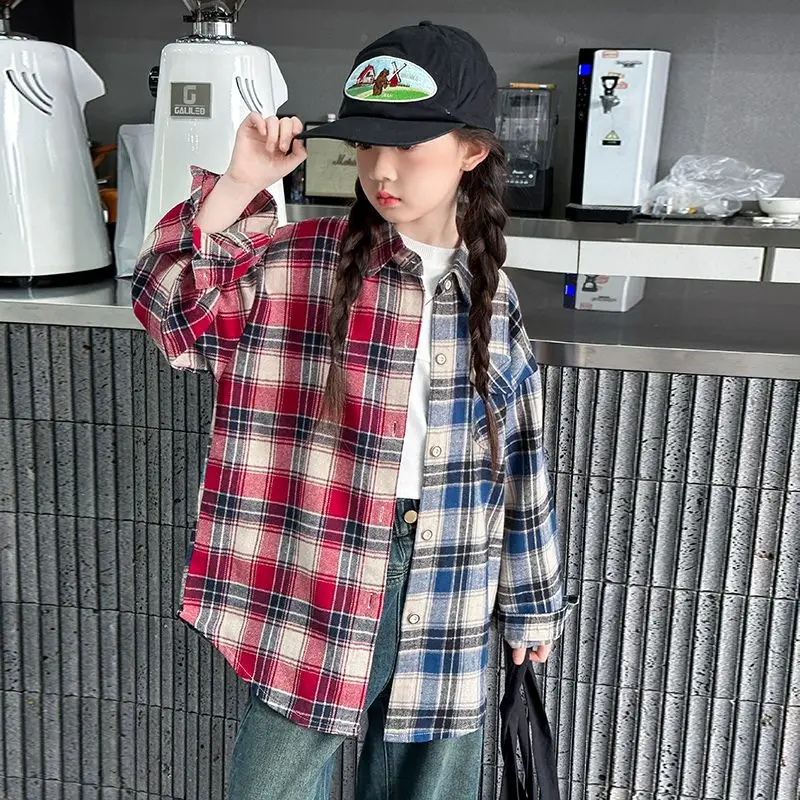 Boy Korean Children's Clothing Soft 2025 Autumn New Collection Red Blue Color Blocked Checkered Shirt Pure Cotton Blouses