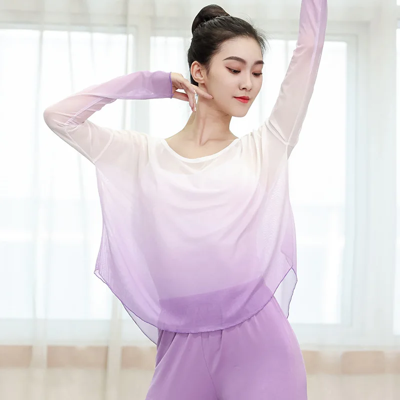 Новая классическая танцевальная одежда, женские топы из плавающей пряжи, тренировочная одежда, современный танец в китайском стиле, свободная сетчатая пряжа с длинными рукавами