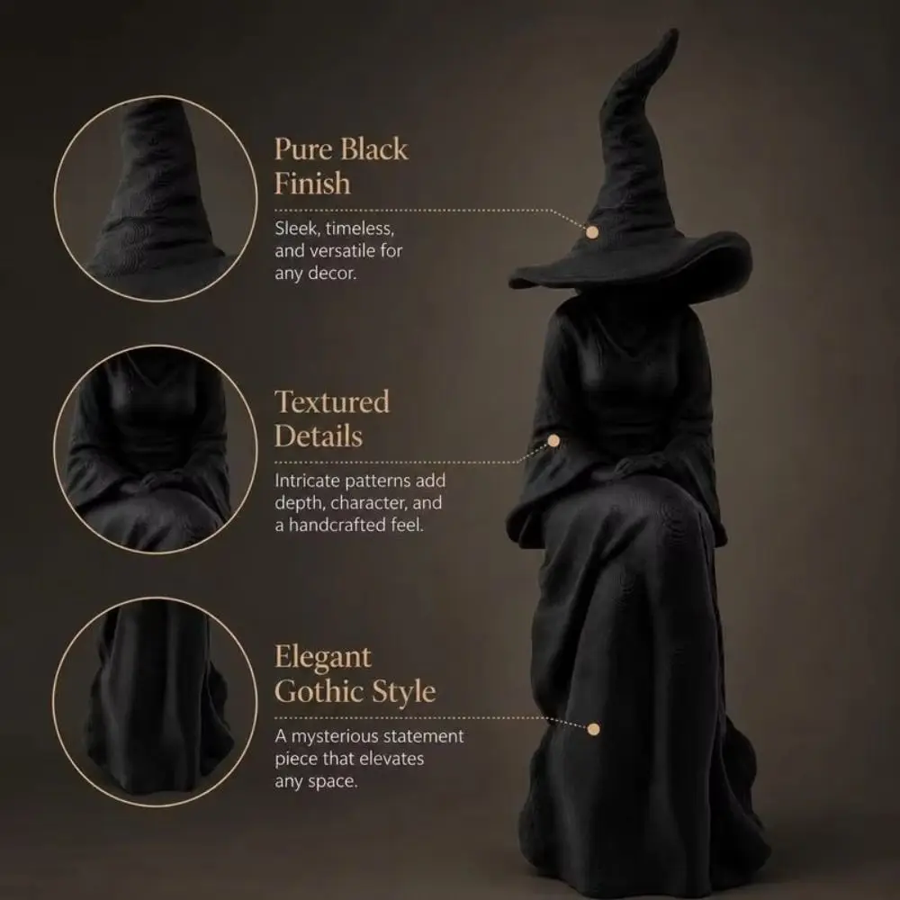 Black Faceless Witch Figurine Retro Sitting Pose Sitting Witch Statue Plastic 3D Printed Halloween Witch Figurine