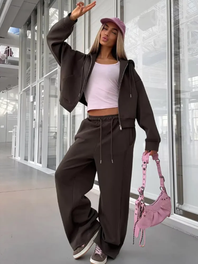 

Повседневный женский комплект в европейском и американском стиле, однотонная толстовка на молнии с длинными рукавами, брюки с эластичным ремешком, комплект из двух предметов