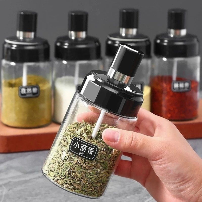 3pcs Thickened Glass Seasoning Bottle Spoon Cover Integrated Seasoning Jar Sealed Moisture Proof Glass Seasoning Box