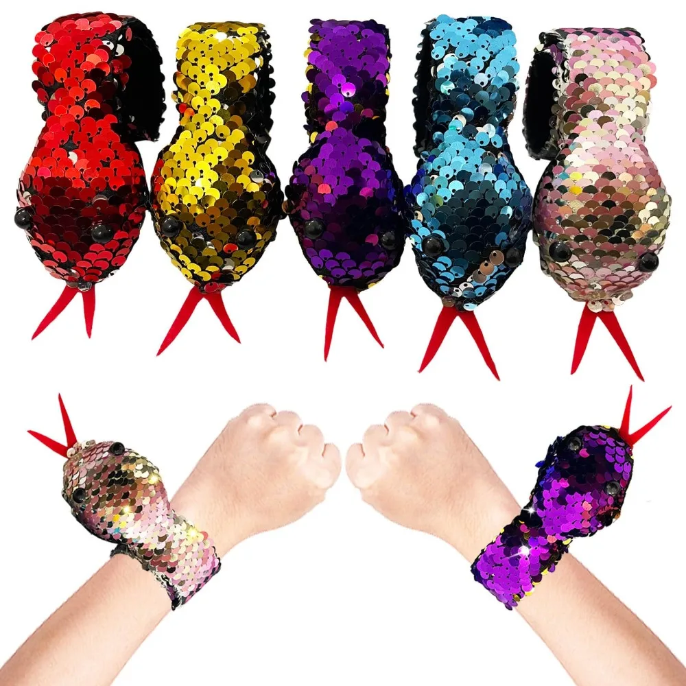 High Quality Cute Snake Snap Bracelet Cool Halloween Sequin Wristband Bling Animal Bracelet Toy Children Gifts