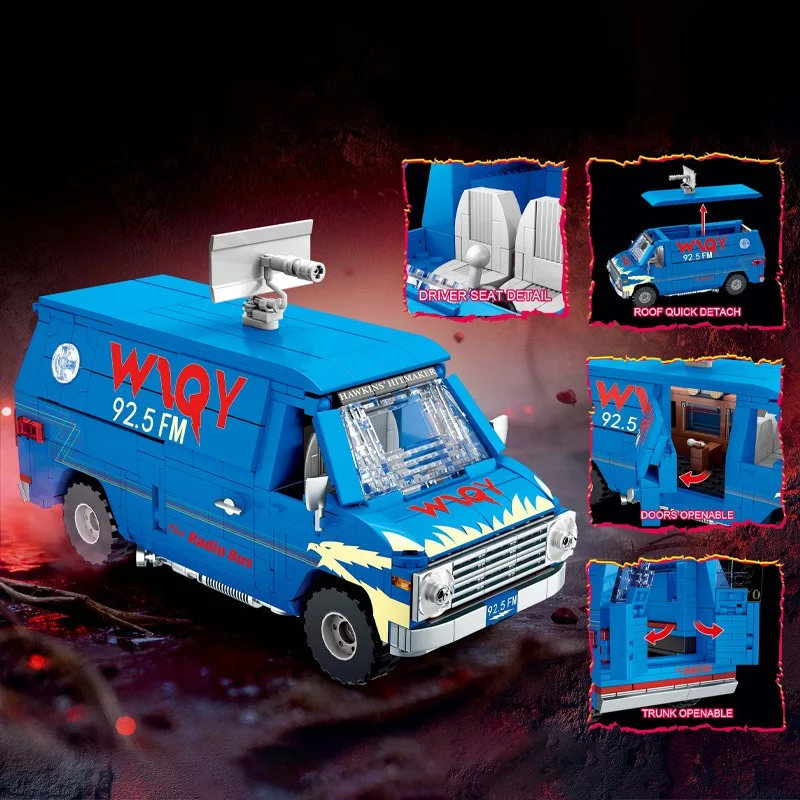 Bashi Story DIY Puzzle Assembly Building Blocks Retro Blue Broadcasting Report Truck Model Assembly Collection Toy Ornaments