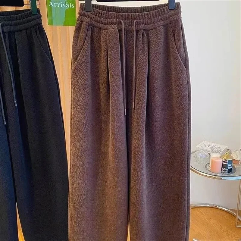 겨울 여성용 시크 하이웨이스트 스트레이트 레그 보온 바지 여성용 플러시 캐주얼 배기 바지 소녀용 스노우 웜 팬츠