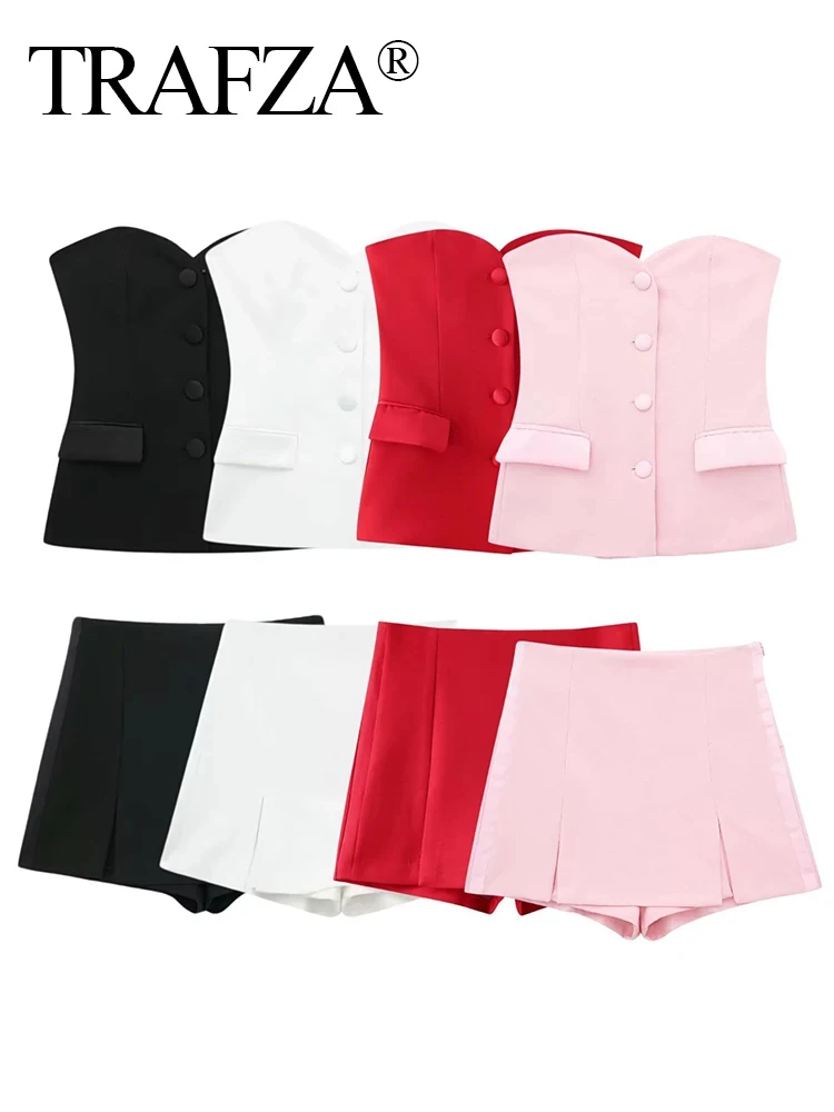 TRAFZA Shorts Skirts Sets For Women Summer Casual Tube Top With Front Button Tube Corset + Slim Slit Shorts Office Lady Suit