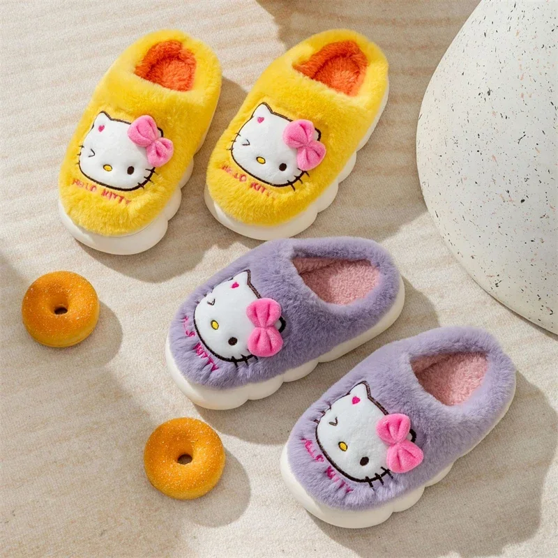 Kawaii Sanrio Hello Kitty Slippers Cute Cartoon Girls and Children Autumn and Winter Y2K Home Non Slip Grip Fluffy Plush Shoes