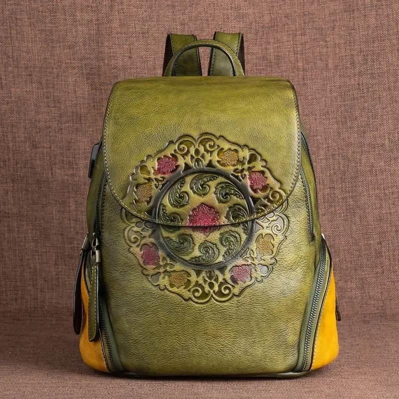 Ladies Fashion Backpack Women Retro Genuine Leather Backpacks Handmade Embossed Vintage Bag