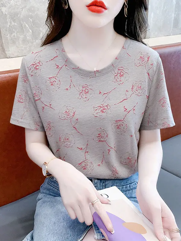 

Korean Style Short Sleeve Printed T-Shirt Women's Summer Loose Fashion High Quality Top Mom's New Arrival Polyester Cotton Blend