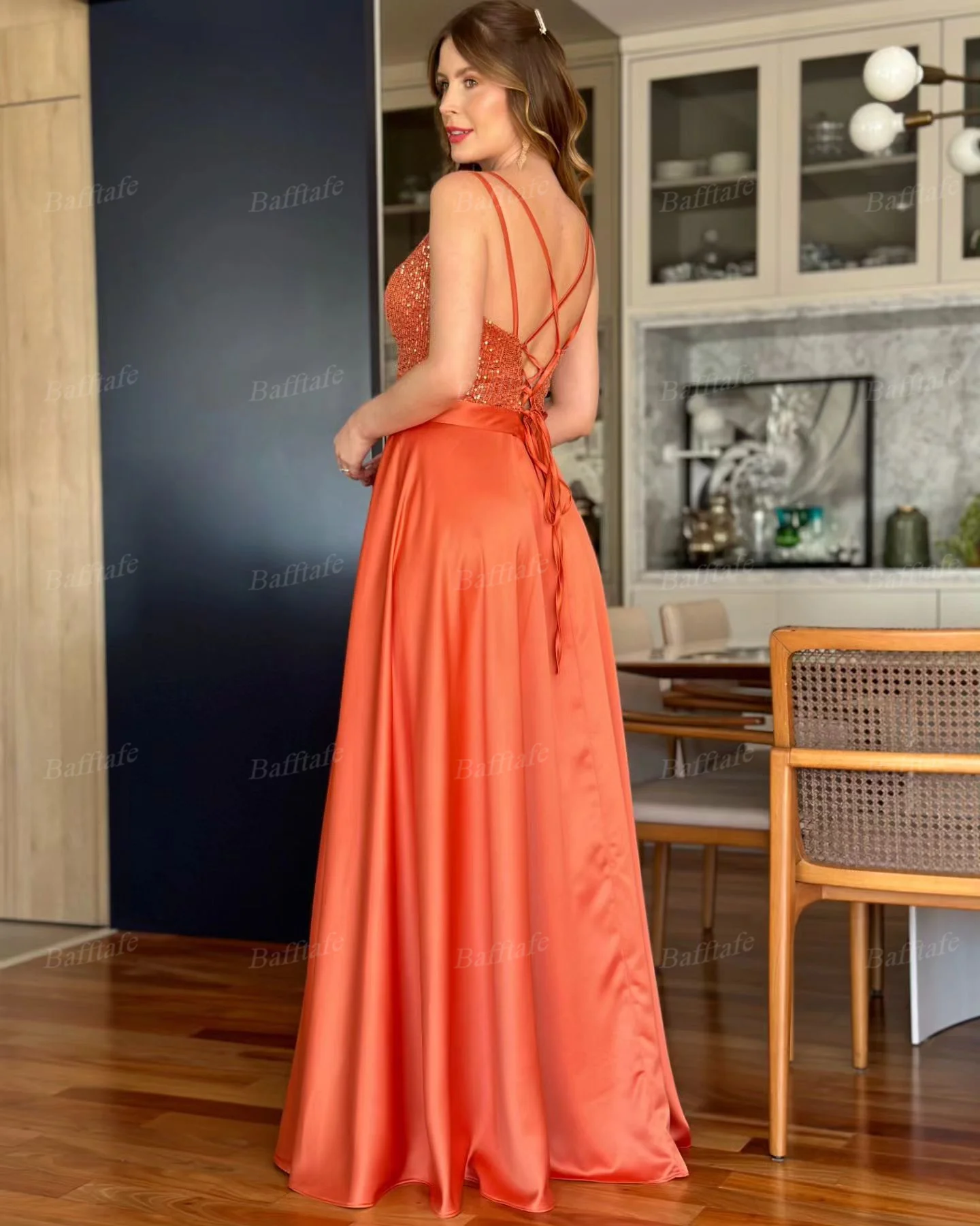 Bafftafe-Vestidos largos de satén naranja para mujer, traje de graduación con lentejuelas brillantes, correas, corsé, vestidos de noche formales para fiesta y Club nocturno