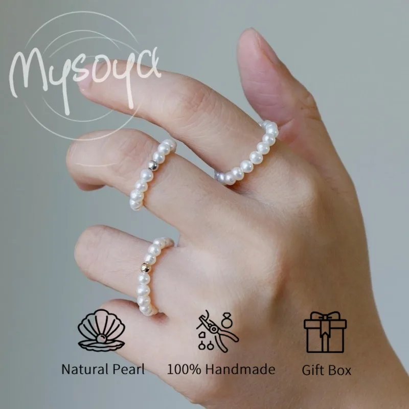 

MYSOYA White Freshwater Pearl Ring 3-4mm With Gift Box For Her/Him Wedding/Birthday/Christmas/New Year/Anniversary Gift
