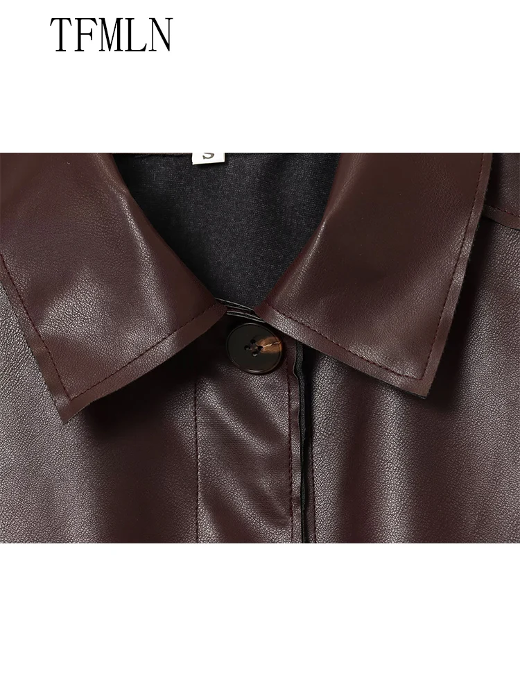 TFMLN Fashion Women Faux Leather Solid Jackets 2025 Autumn Lapel High Street Outwear Chic Single Breasted Pockets Cropped Coats
