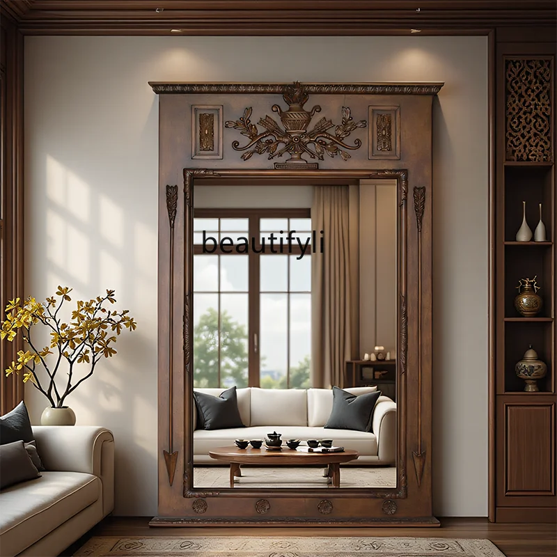 

French Retro Carved Full-Length Mirror European Style Living Room Vintage Floor Mirror Antique Wall-Mounted Decorative Mirror