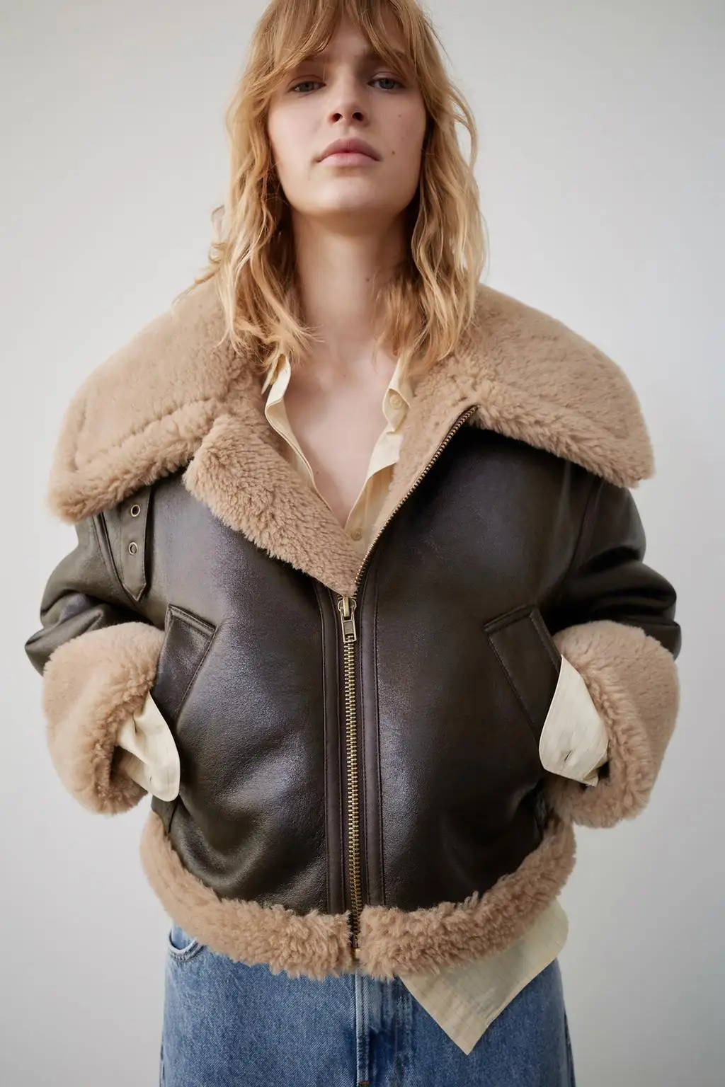 Chaqueta de Piel de O de Doble Cara Estilo Motocicta, Abrigo de Piel de Cordero, Cuero y Piel Inteados, Ropa de Abri...