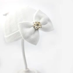 Gorro de punto con lazo blanco y diamantes para recién nacidos de 0 a 6 meses, gorro de algodón transpirable para niñas, gorro pequeño con diamantes de imitación y perlas para bebés