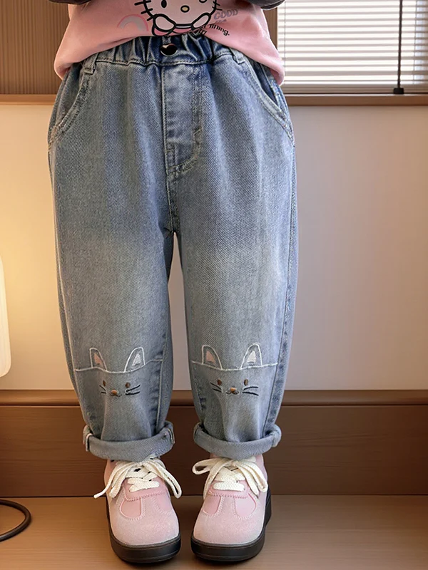 Spring Faion Girls Loose Casual Jeans High Waist Straight Leg  Embroidery Trendy Kids Knee Denim Pants Asymmetrical