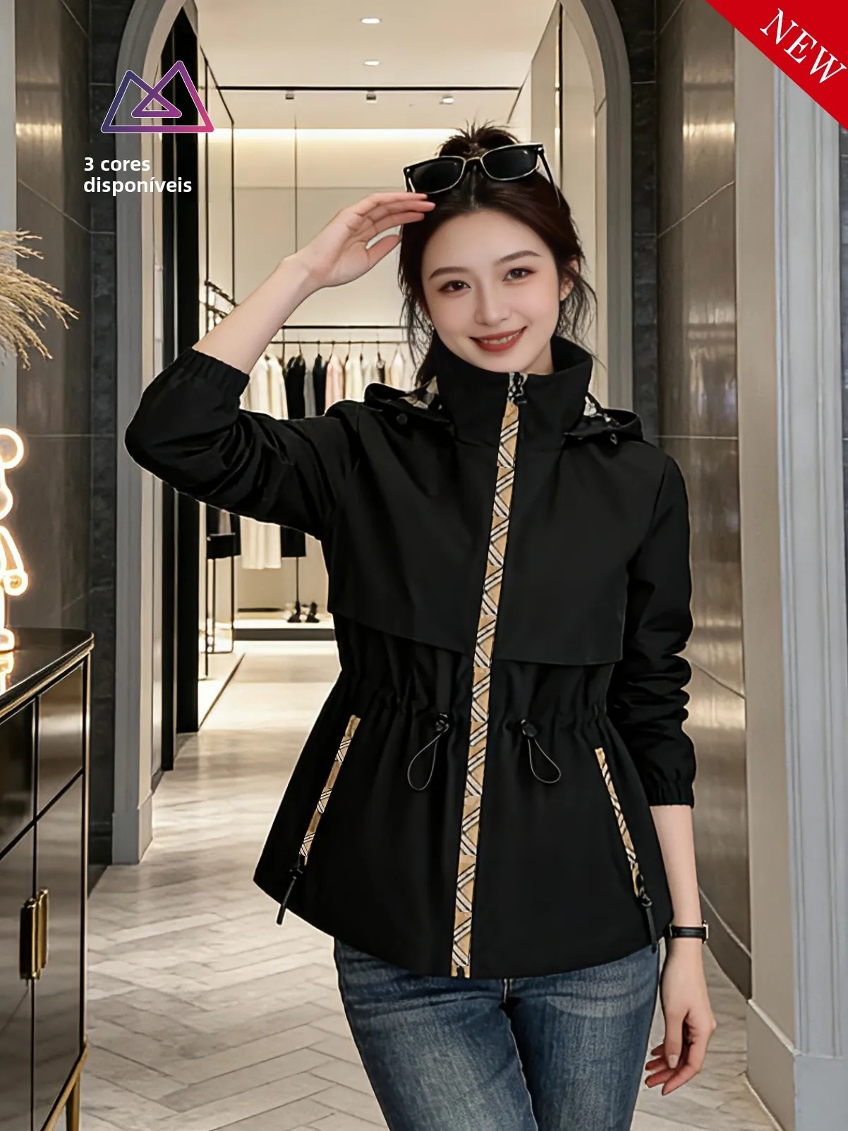 

Spring Autumn Plaid Long Sleeve Hooded Casual Versatile Women's Jacket Coat Trendy Polyester Fiber Zipper Regular Length
