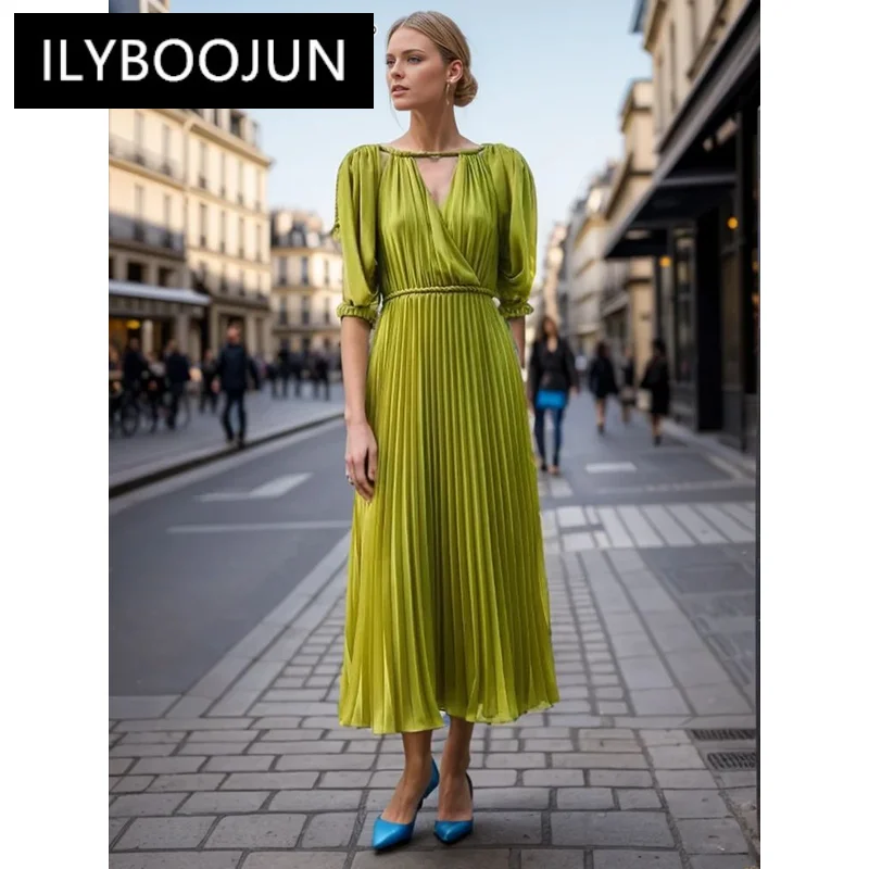 

ILYBOOJUN Solid Hollow Out Minimalist Dresses For Women O Neck Long Sleeve High Waist Pleated Dress Female Fashion Style New