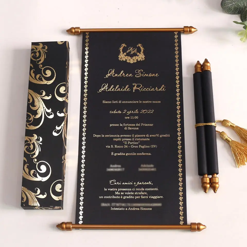 100Pcs Customized Wedding Invitation Card With Box Personalized Royal Elegant Black Scroll Paper Invitations For Birthday Party