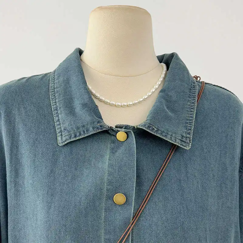 Frauen Retro Kurzarm Denim Kleid Sommer Neue Blau drehen-unten Kragen Einreiher Mittlere Länge Lose Shirts Kleider dame
