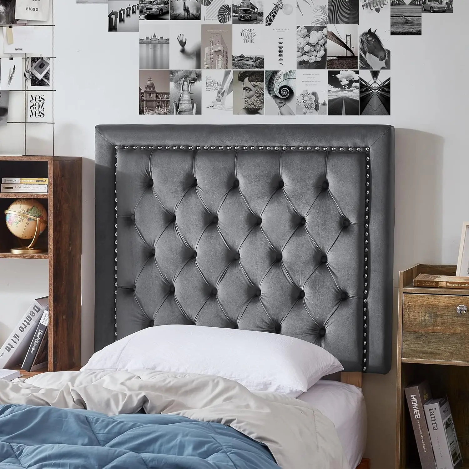 College Dorm Headboard Charcoal Gray Soft Velvet Tufted Rivet Design Stylish Bedroom Decor Easy Installation