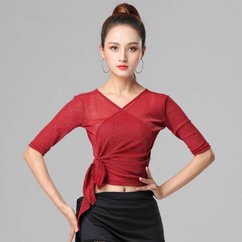 

New National Standard Latin Dance Clothes Women's Dance Top Autumn V-Neck Training Modern Dance Jazz Bodysuit for Women