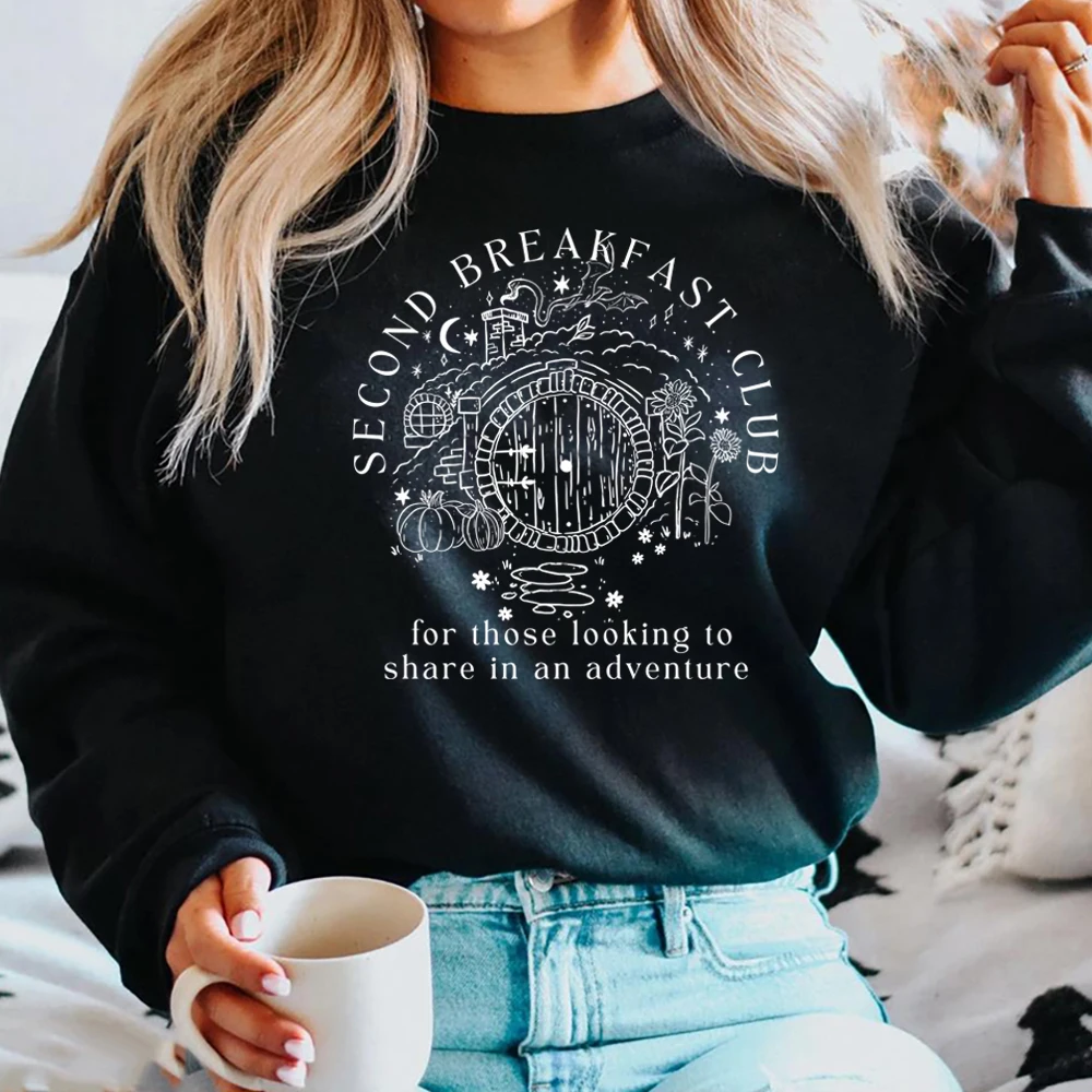 Second Breakfast Club Sweatshirt LOTR The Shire Shirt Literature Bookworm Hoodie Vintage Aesthetic Tops Middle Earth Sweatshirts