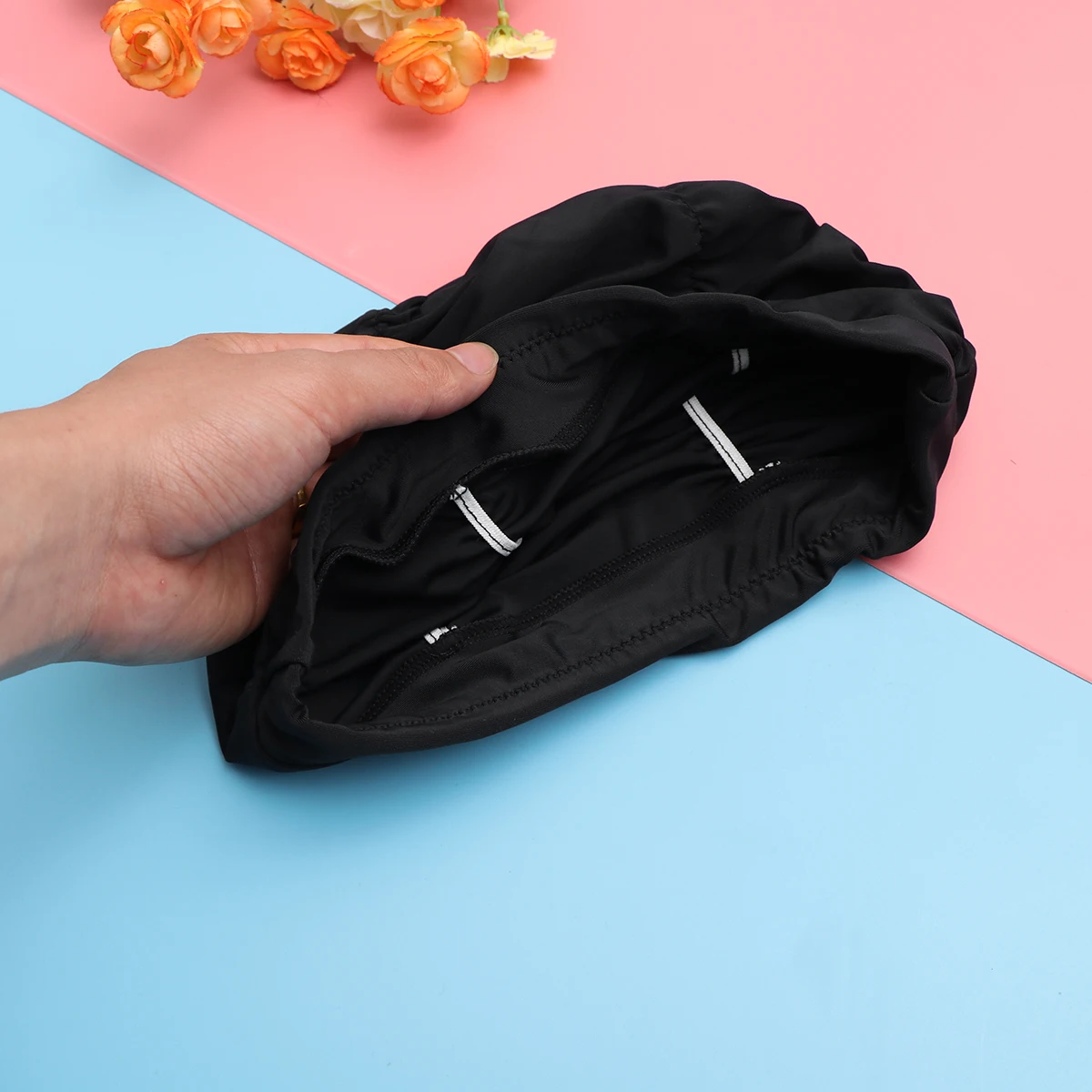 

1Pcs Women Pleated Waterproof Swim Cap Swimming Ear Protector Black Lightweight Eco Friendly Summer Pool Beach Women Swim Cap