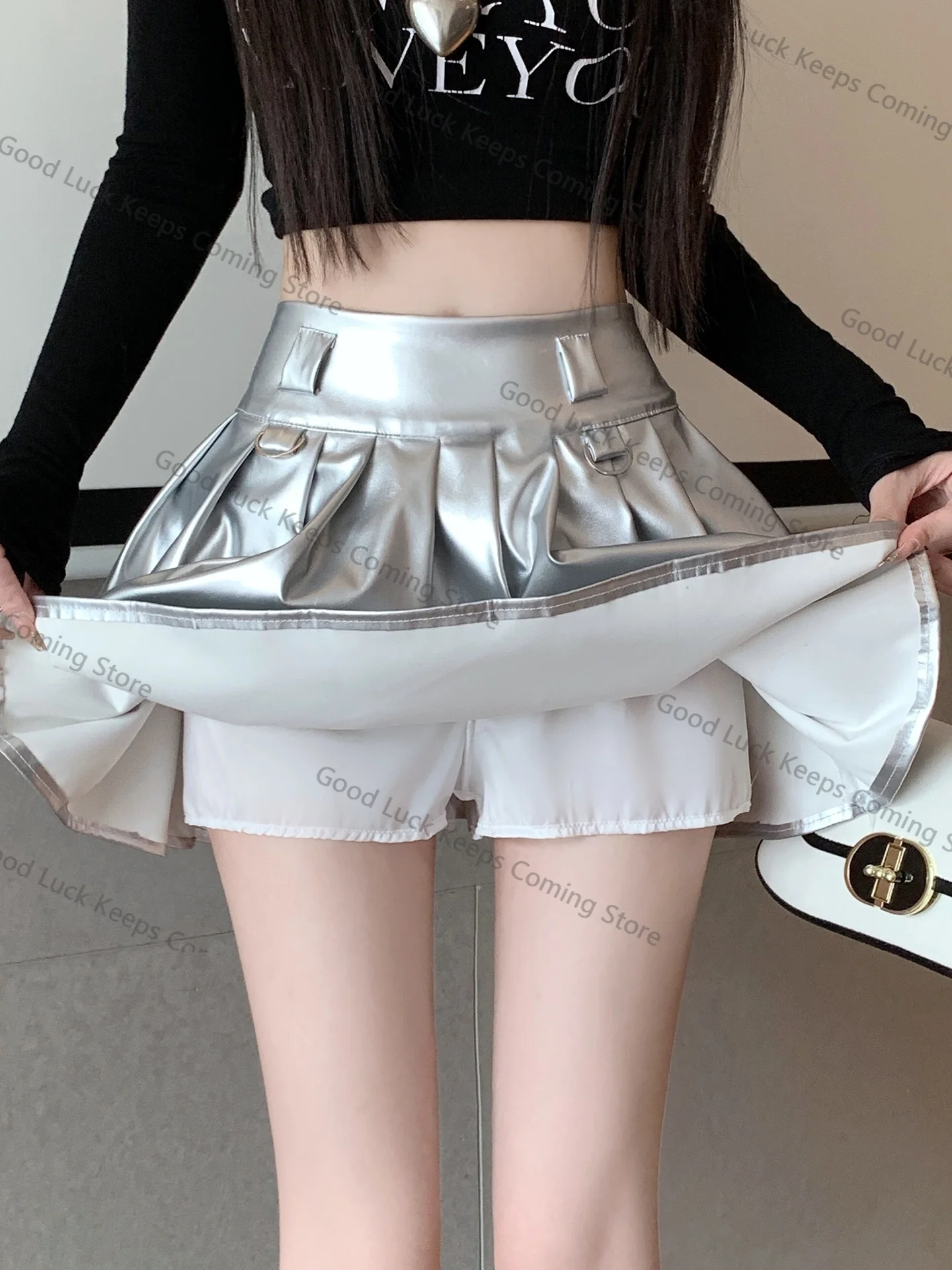 Zilver PU-leer f rok hoge taille anti-licht dames herfst 2025, nieuwe Sle A-lijn ort rok Sweet Sle Ci Walk