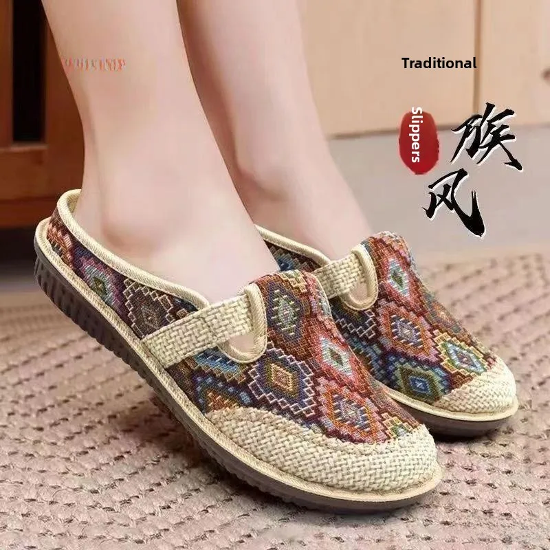 

2026 Summer Ethnic Style Beijing Cloth Shoes Head Covered Sandals Breathable Women's Linen Half Slippers Hanfu Slippers