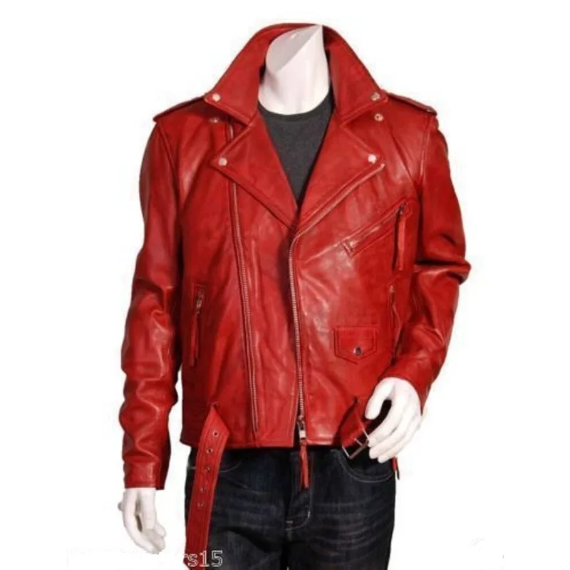 

Men's HOT Red Real Leather Jacket Stylish Slim Fit Biker Jacket European and American Fashion Trends