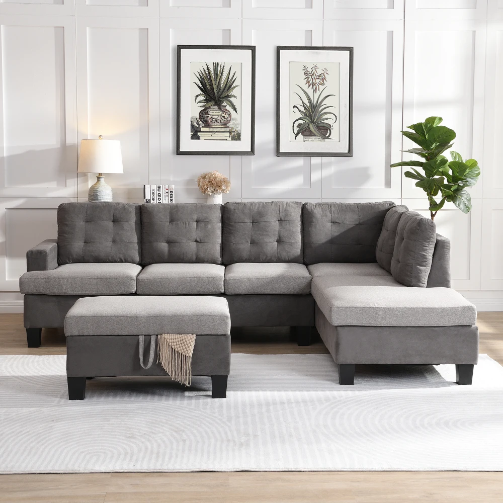 

Sofa Set for Living Room with Chaise Lounge and Storage Ottoman Living Room Furniture Gray