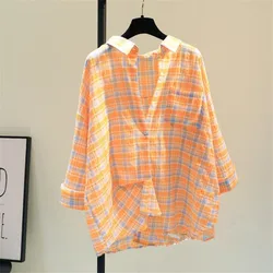 Women's 2024 Summer New Cotton Hemp Plaid Blouses Korean Commute Loose Polo Neck Long Sleeve Pocket Single-breasted Casual Shirt