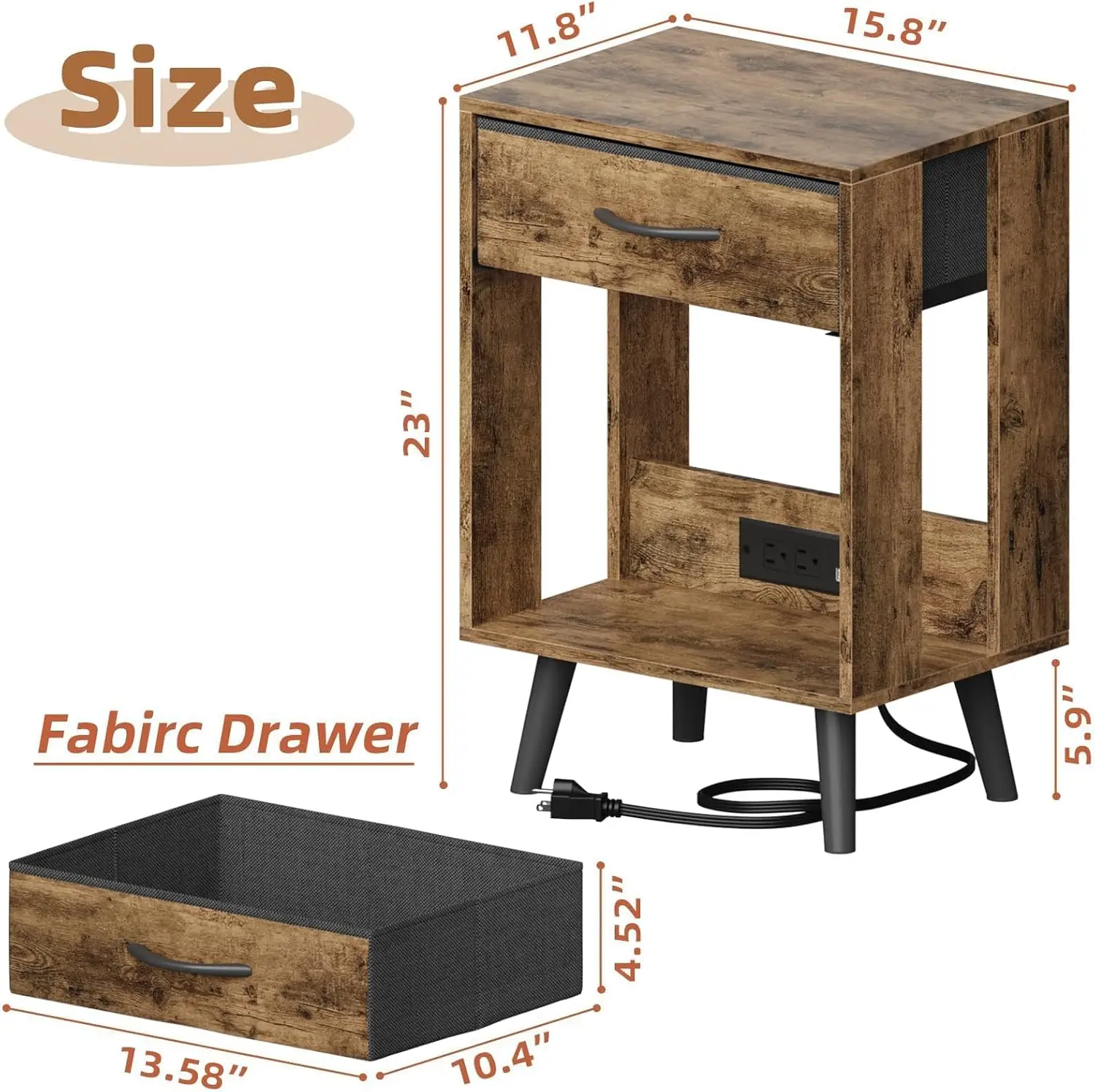 

Nightstand With Charging Station And Fabric Drawer, Side Table With Storage For Bedroom, Night Stand With Open Wood Shelf For
