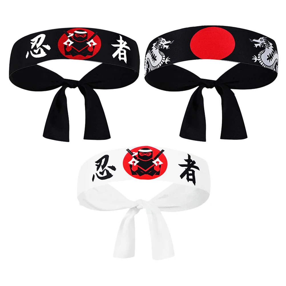 3 個忍者ヘッドバンド日本デザイン八面絹空手サムライスポーツコスチュームパーティーコスプレアクセサリー帽子男性女性用