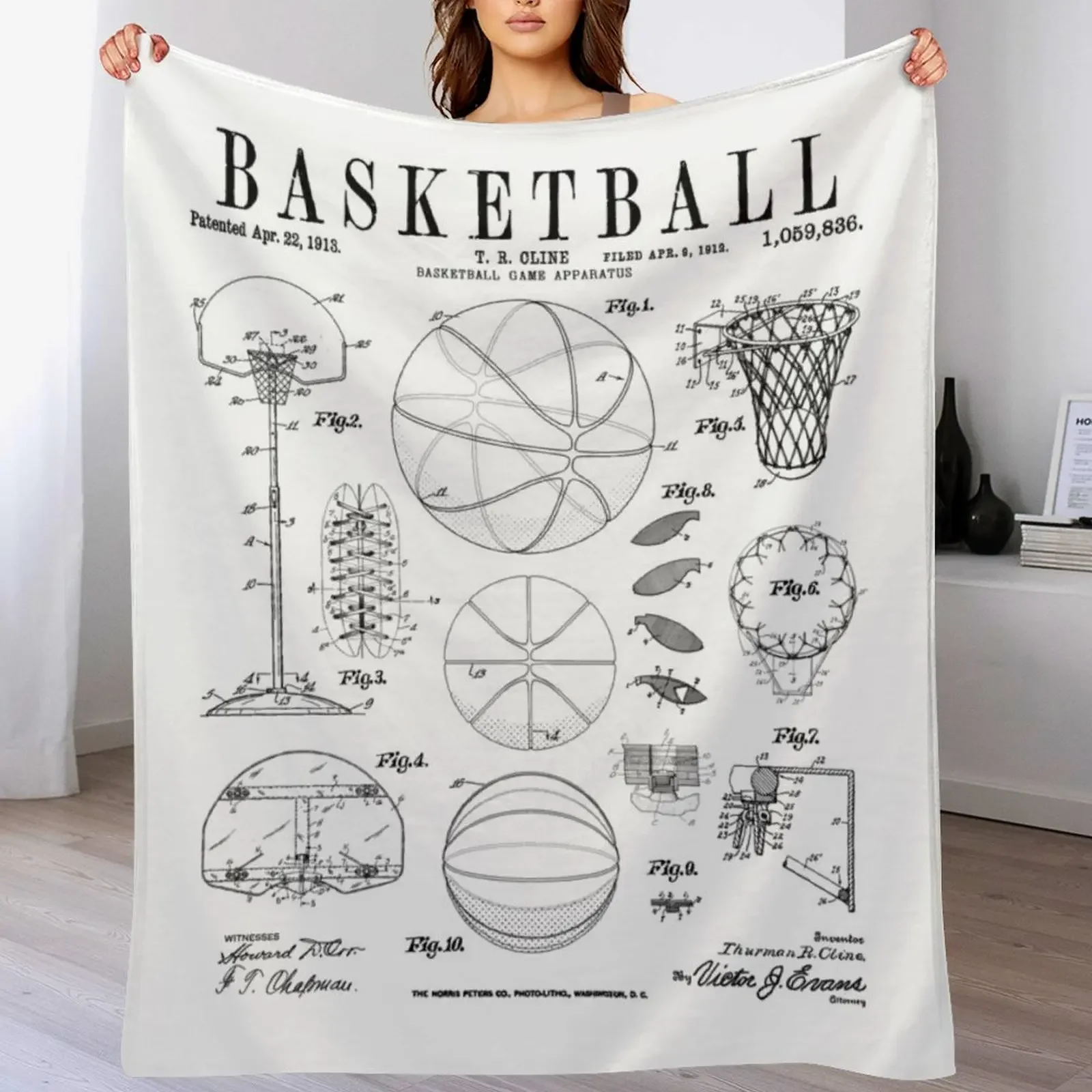 Basketball Old Vintage Patent Drawing Print Throw Blanket Stylish Couch Blanket for Home Living Room