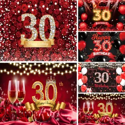 Photography Backdrop Red And Black Happy 30 Years Old 30th Birthday Background Banner Decorations For Women Men Party Glitter