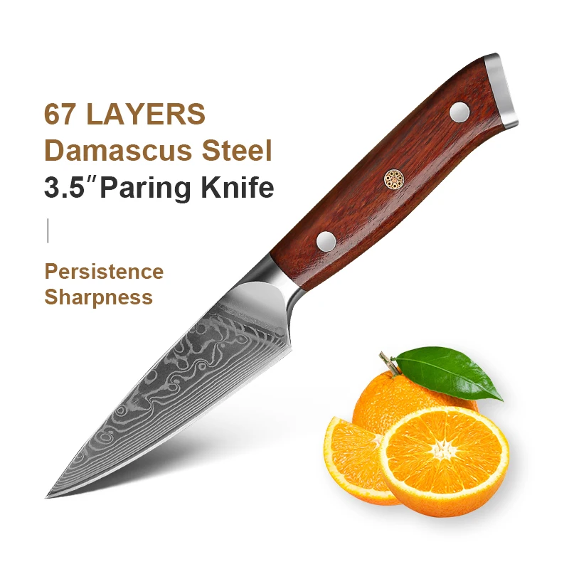 

3.5-Inch Paring Knife VG10 Damascus Steel Sharp Fruit Knife for Cutting Fruit and Vegetables Kitchen Rosewood Handle