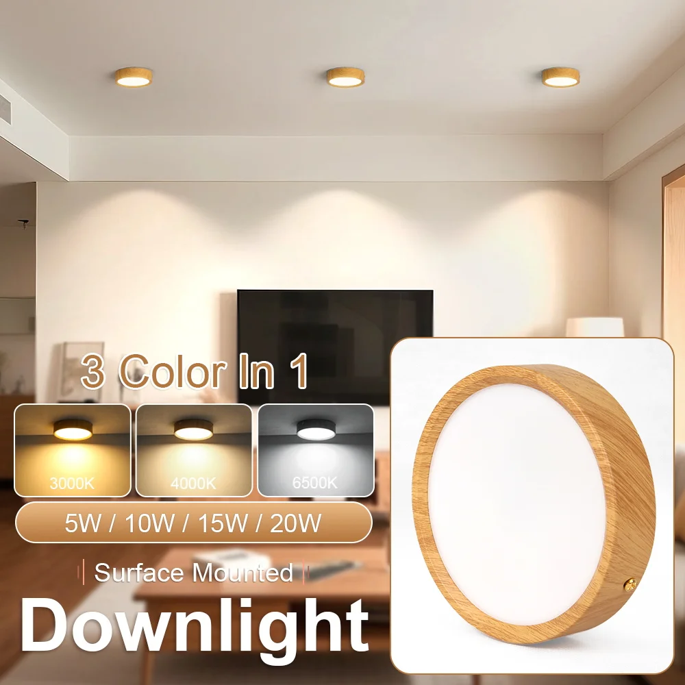 Led Downlight Surface Mounted LED Ceiling Light Wood 3 Color Light Memory Spotlight Indoor for Living Room Home Decor Lamp 220v