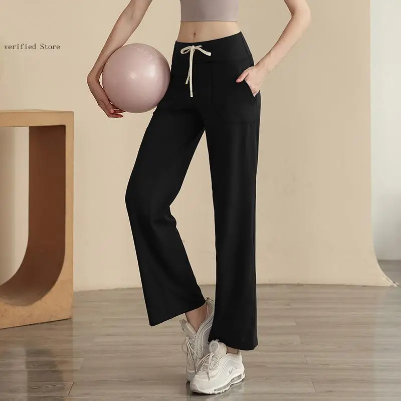 Summer and Autumn Sports Leisure Fitness Loose Pocket High Waist Yoga Outerwear Straight Tube Long Wide Leg Pants for Women