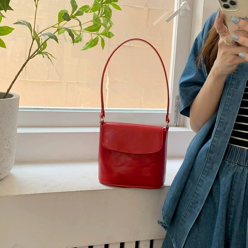 

Korean Leather Bucket Bag Women Solid Color Texture Shoulder Bags Casual Fashion Simple Versatile Female Handbag