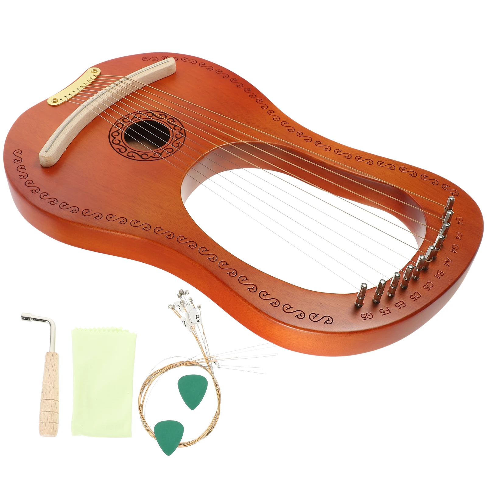 

10 String Harp Body Instrument Solid Wood Ancient Retro H held Smooth Wood Body String Instrument Portable Extra Strings Picks