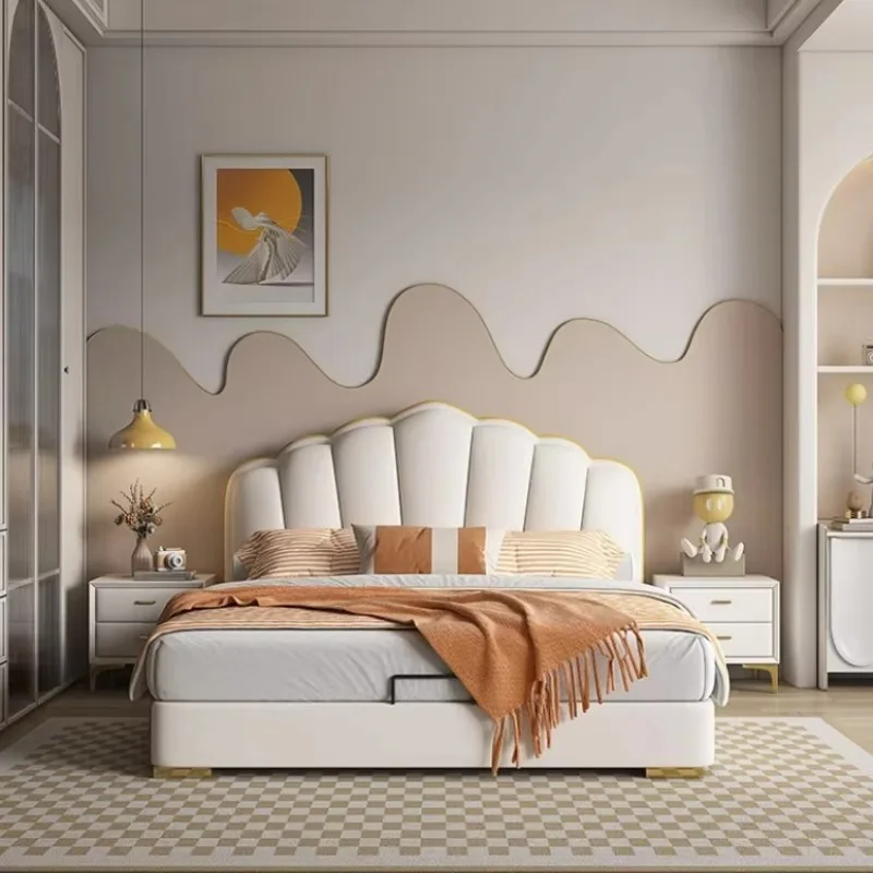 

Aesthetic Luxury Double Bed Frames Master Storage Modern King Queen Bed Frames White Faux Leather Camas Matrimonial Furniture