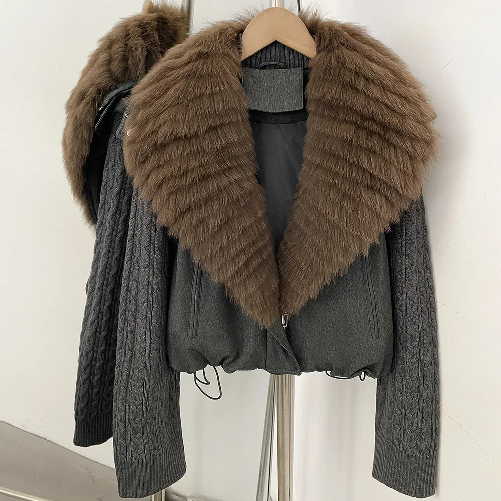 OFTBUY 90 Weiße Daunenjacke mit Zopfmuster-Ärmeln, Reißverschluss, Kordelzug am Saum, Kurzer Mantel für Damen, Winter, Echte Mehrschichtige Fuchspelzkragen – Detail 9
