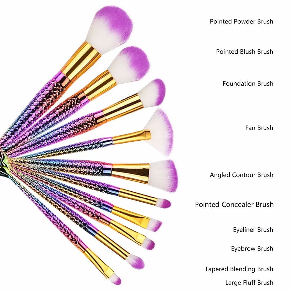 10Pcs Mermaid Makeup Brush Set Fish Tail Foundation Powder Eyeshadow Make Up Brushes Contour Blending Cosmetic Brushes Maquiagem